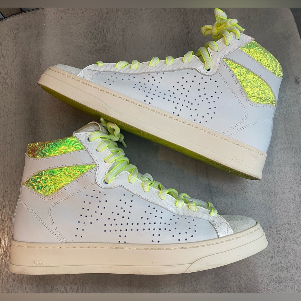 P448 High Top Stylish White and Neon Green/Yellow Women’s size 38 EU/8 U.S.